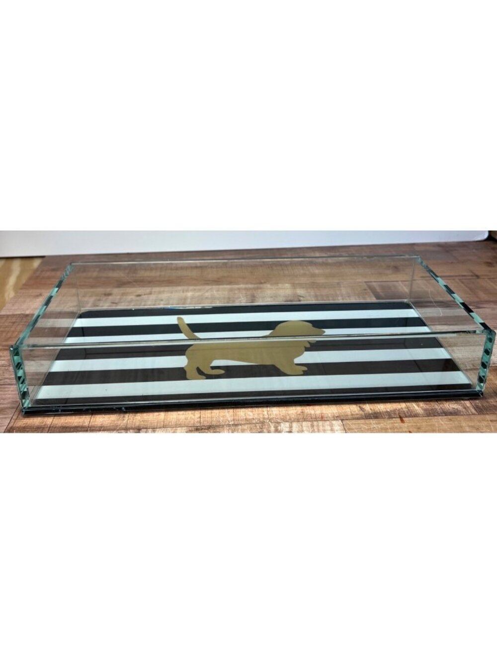 Gold Dog Silhouette Glass Tray Black & White Stripe Decorative Storage Organizer - Picture 2 of 6